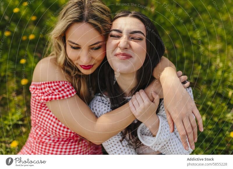 Two friends enjoying a warm embrace in a sunny park woman nature young female happiness affection bond outdoors friendship summer day leisure casual smile green