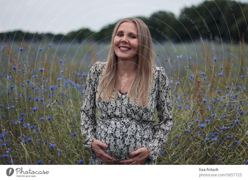 CORNFLOWERS - PREGNANT - SMILE Woman Pregnant pregnancy Cornflower cornflower field beautiful woman youthful fortunate Smiling Blonde long hairs flowers