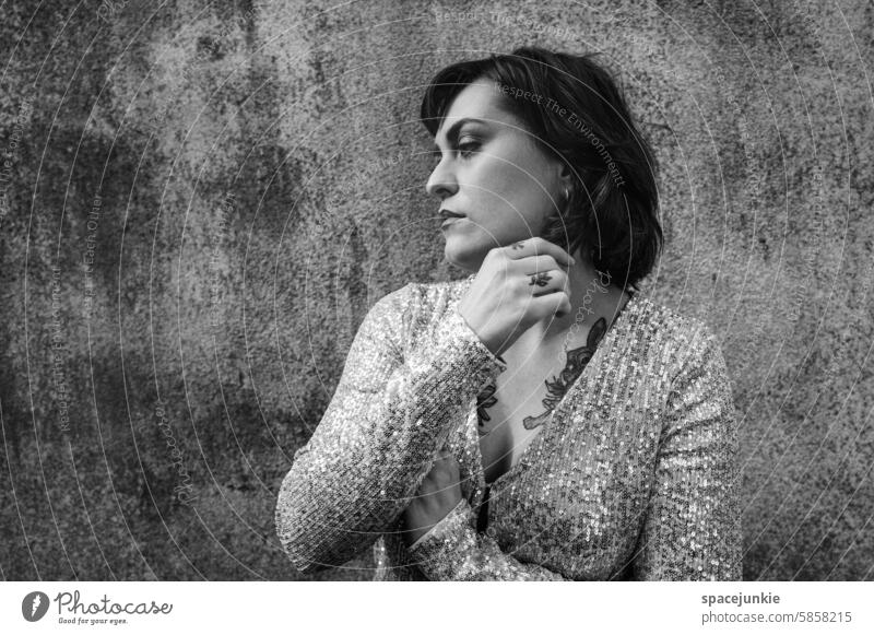 portrait black-and-white Black and white photography Black & white photo Woman Wall (building) pretty Esthetic Tattoo Meditative Looking Sadness Loneliness