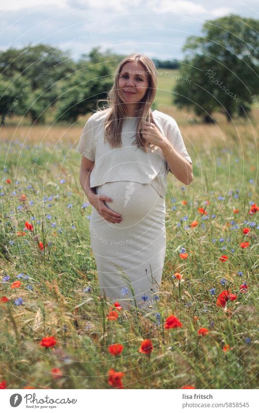 FLOWER MEADOW - SUMMER - PREGNANT YOUNG WOMAN - WINDY Woman Pregnant pregnancy Young woman fortunate windy Slim Long-haired Blonde pretty Poppy blossom