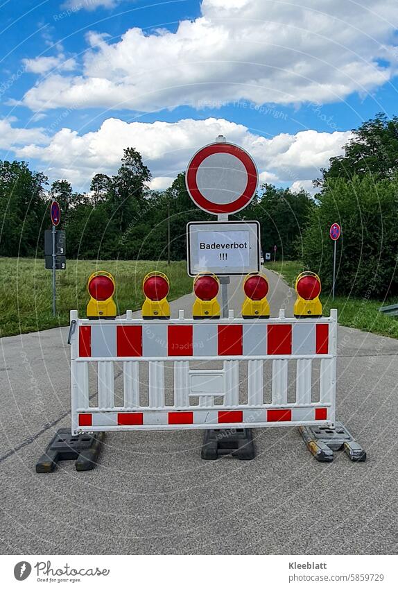 No swimming!!! - access road closed due to high water - barrier fence with fluorescent lamps Barred no escape Protective Grating Illuminated lamps