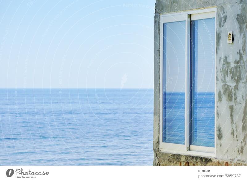 closed I View of the sea and a window in which the sea is reflected Ocean Window reflection Blue Water Mediterranean sea dwell locked Vacation & Travel Corsica