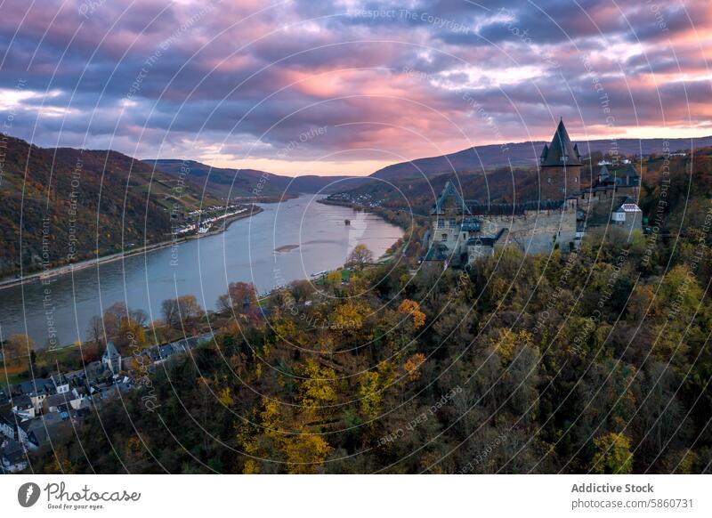 Aerial view of Katz Castle overlooking the Rhine river at sunset castle aerial view katz rhine river sankt goarshausen germany historic hill landscape