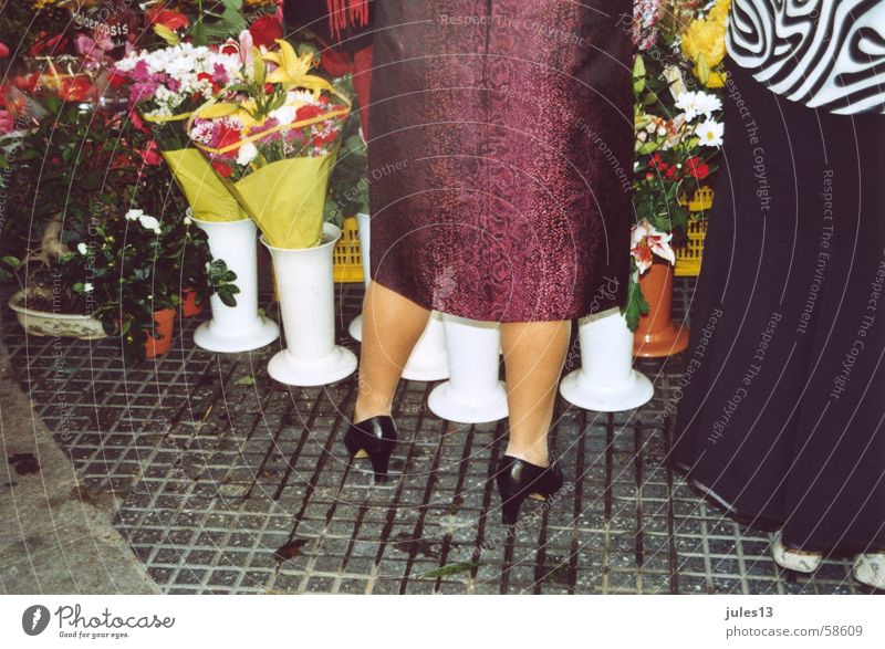wad Multicoloured Flower Woman Patent shoes Flower stall Black Vase White Calf Legs Colour pavers Markets Floor covering Stone Exterior shot