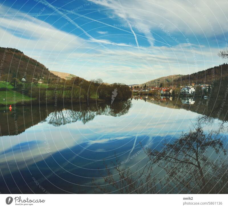 Neckar mirror River Water Hill Forest reflection Sky Clouds Reflection Nature Environment Moody Deserted Skyline Tree Colour photo Exterior shot River bank