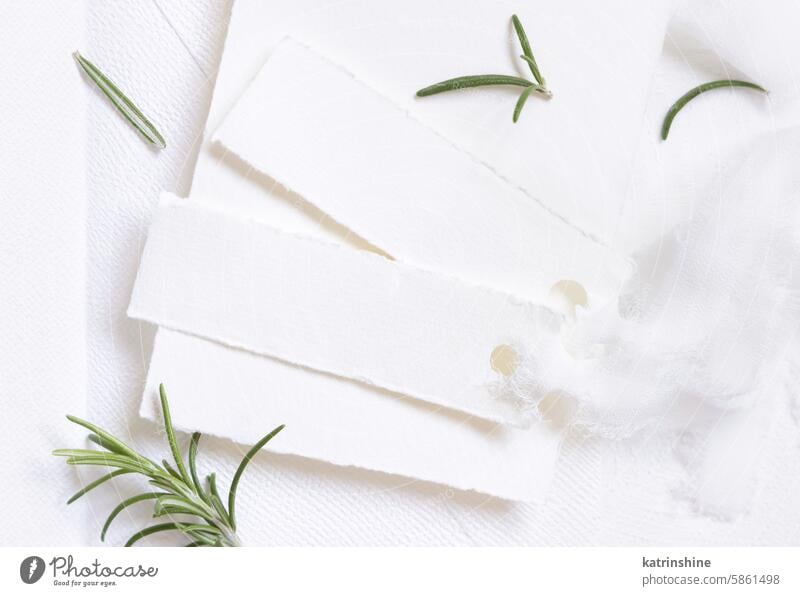 Blank cards near white silk ribbons and rosemary leaves top view, wedding mockup WEDDING romantic horizontal name place card green paper valentine spring