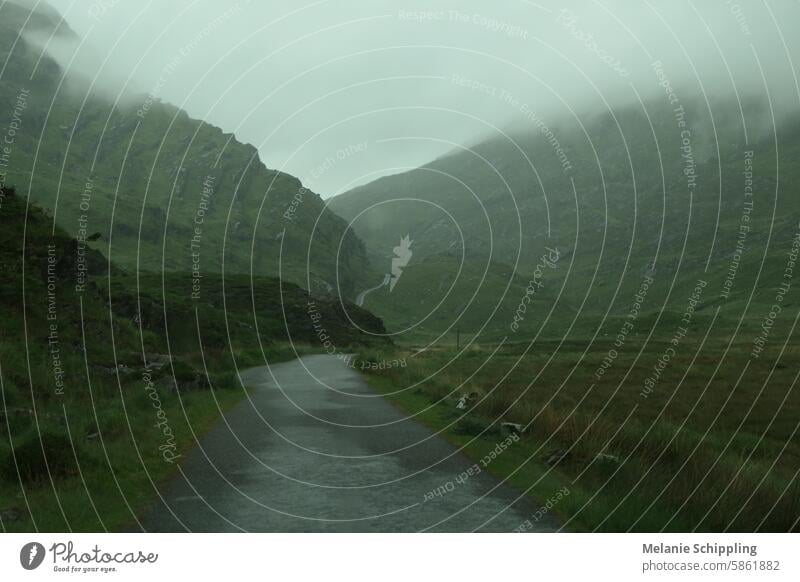 Narrow road through a valley between cloudy green mountainsides in Ireland Street Valley Slope Green Mystic Irish road trip trace Moss Grass rock travel