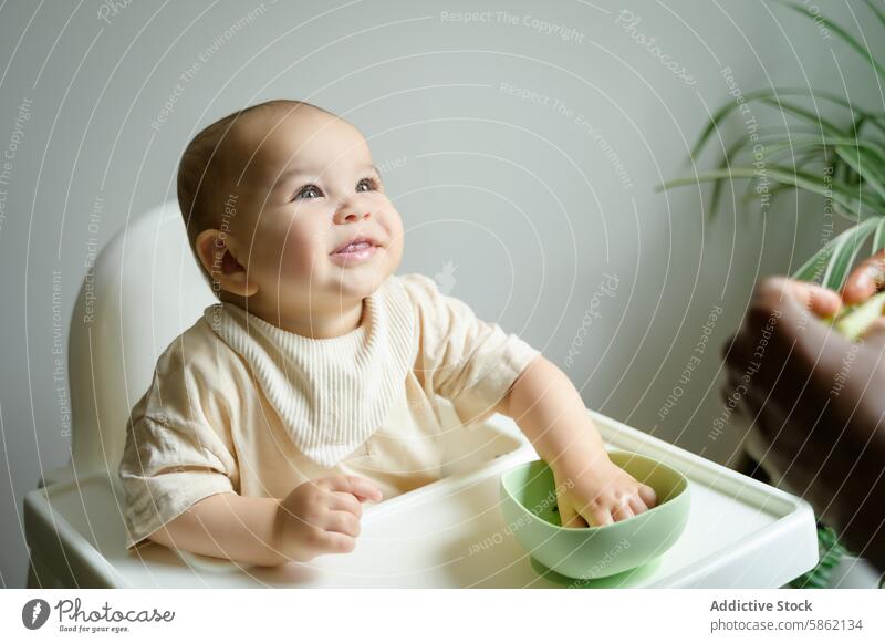 Toddler in high chair looking at camera, reaching for food bowl father toddler baby smiling african american feeding hand green joy interaction child mealtime