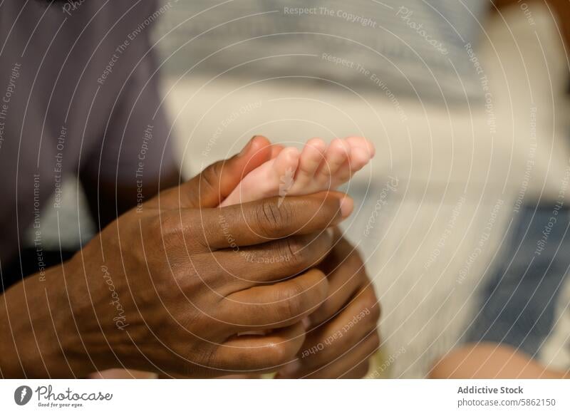 Multiracial hands holding a small baby's feet gently multiracial african american unity care gentle adult child infant anonymous cropped unrecognizable faceless