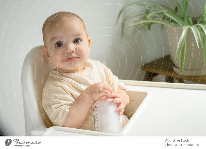 Baby boy sitting in high chair looking at camera baby infant toddler cup seated indoor home child cute eye contact neutral background white cup nursery young