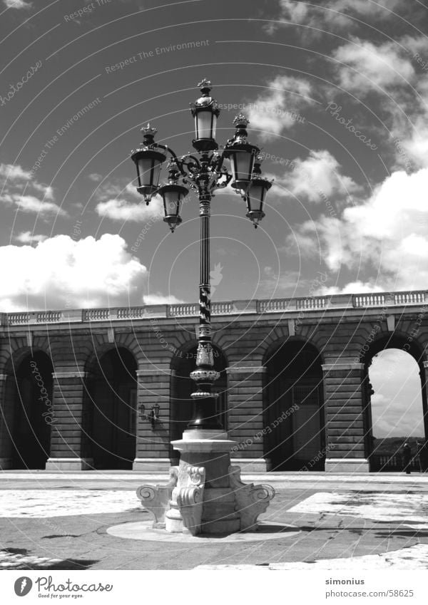 skylight Madrid Palace Lamp Street lighting Clouds Black & white photo forecourt