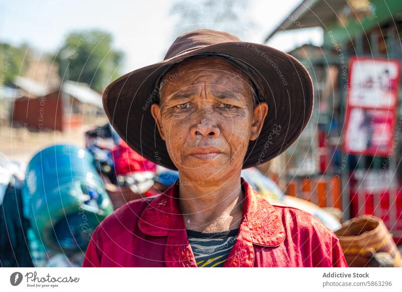 Market vendor man in a broad hat in Yangon, Myanmar market yangon myanmar intense expression close-up street asian outdoor daytime serious face elderly mature