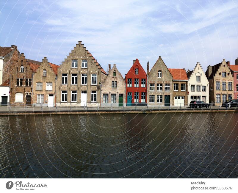 Magnificently restored facades of old houses with pointed gables and stepped gables on the canal against a blue sky in the sunshine in the old town of Bruges in West Flanders in Belgium