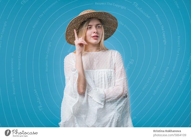 Breakthrough creative idea, 20s aged woman have eureka moment,pointing finger up adult answer background casual caucasian cheerful confident expression face