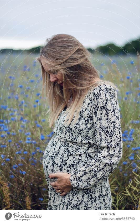 PREGNANT - YOUNG WOMAN - CORNFLOWERS Woman Pregnant pregnancy look down Stomach Baby bump stop Blonde Long-haired in nature cornflowers cornflower field Mother