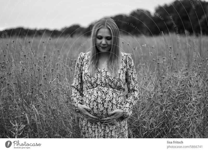 THOUGHTFUL - BABY BUMP - PREGNANT Black & white photo Pregnant pregnancy pregnant woman parenthood maternity Woman Baby Stomach Mother expectant youthful Life