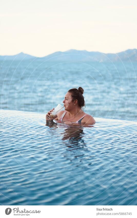 YOLO Woman 30 - 40 years drink Vacation & Travel pool Infinity Pool Ocean Thailand Island yolo Water Relaxation vacation Summer Colour photo Exterior shot