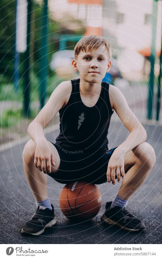 Teenager taking a break from playing basketball outdoors teenager sport active young male park sitting focused athletic fitness youth recreation casual summer