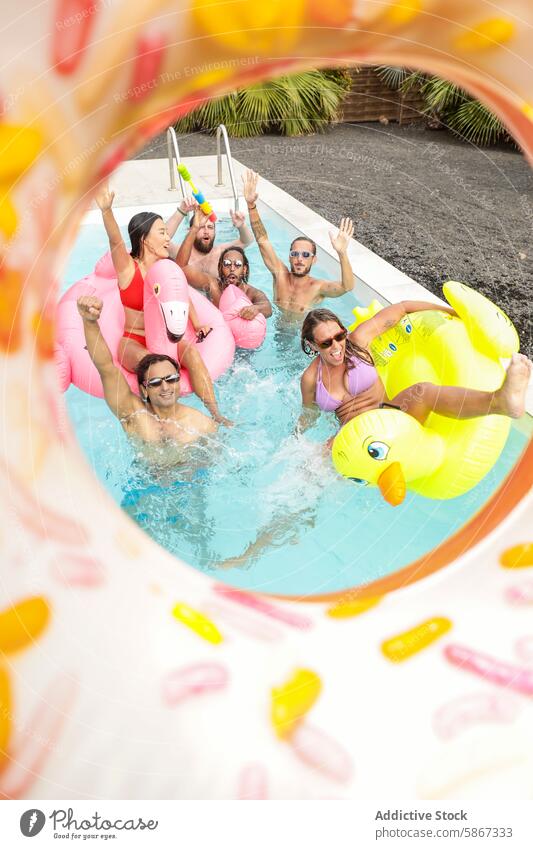 Friends enjoying a summer pool party with inflatable toys friends float water swimming pool leisure fun vacation relax group diverse happy swimsuit sunglasses