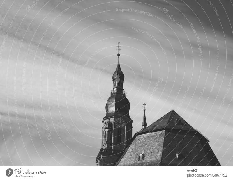 Unique building of high artistic standing Church Church spire Long shot Sky Exterior shot Deserted cirrostratus clouds Silhouette Black & white photo Town