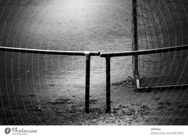 Passage denied to nudists! Football pitch Soccer Goal rail B/W Foot ball Sporting Complex Net Deserted