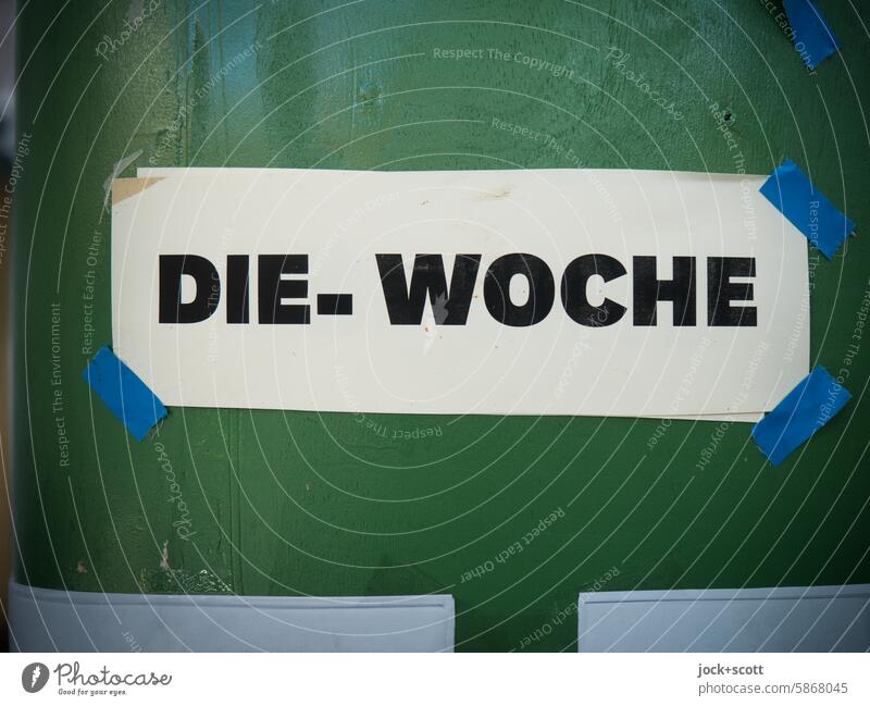 THE WEEK with rough edges Word the week Characters Signs and labeling Capital letter German adhesive tape Neutral Background Stuck Copy Space Adhesive tape