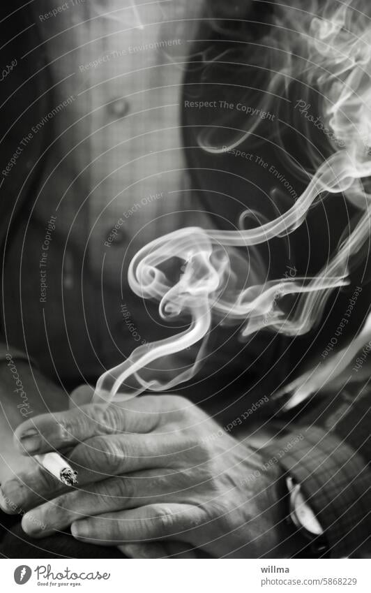 The old man and his smoke curls Smoking hands Cigarette Smoke whorls Smoke curls Tobacco Nicotine Senior citizen Addiction Vice Filter-tipped cigarette B/W