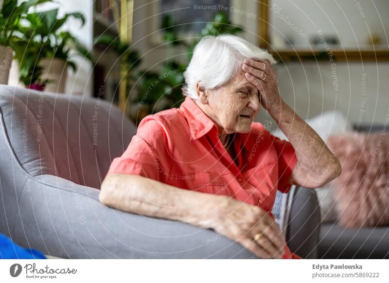 Elderly woman sitting in armchair suffering from headache people senior mature female elderly home house old aging domestic life grandmother pensioner retired