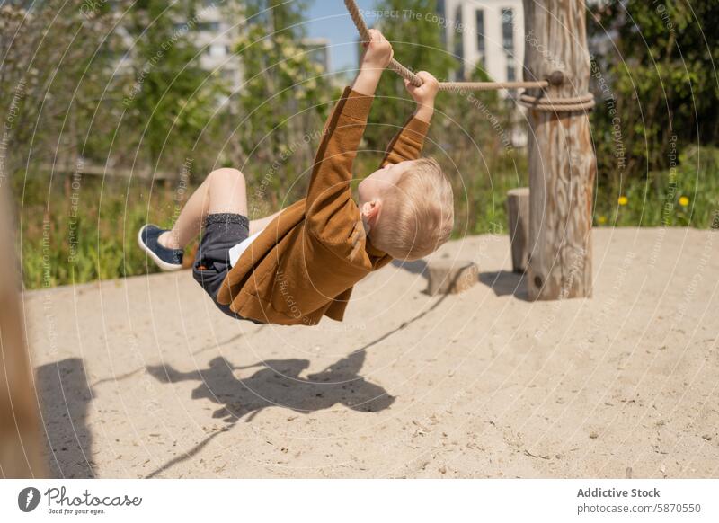 Young boy swinging on a rope in a sunny park joy play outdoor child summer activity fun recreation swingset enjoyment leisure nature outside sunny day playtime