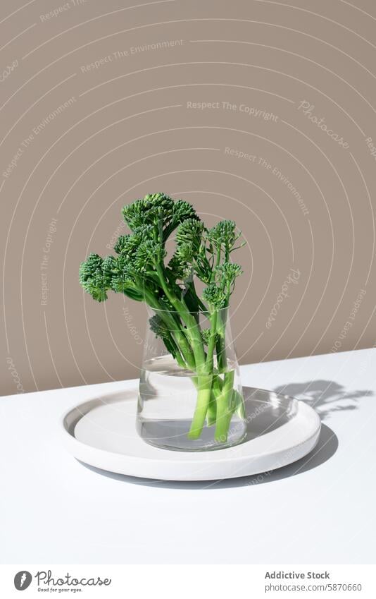 Fresh broccolini stalks in water on a simple backdrop fresh glass jar baby broccoli tenderstem minimal beige background vegetable green healthy display clear