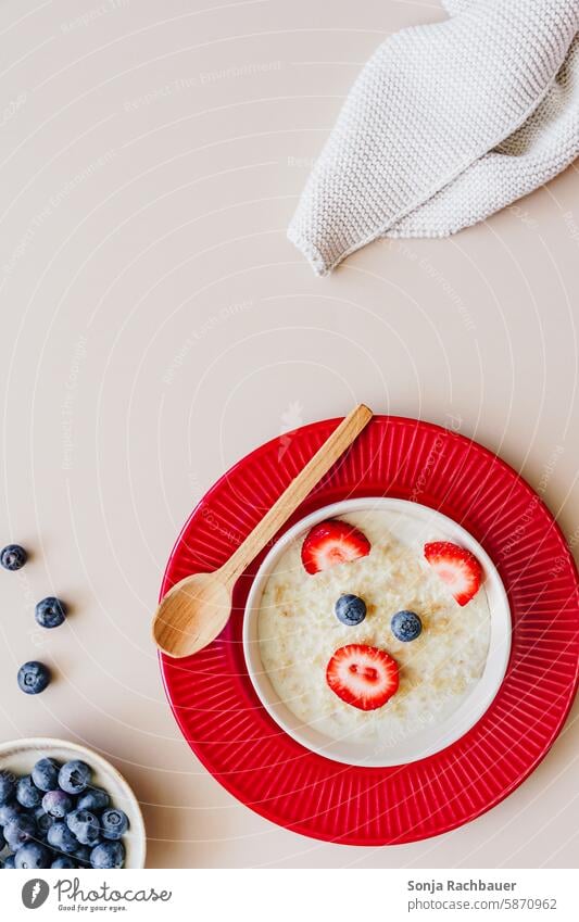 Baby porridge with funny animal face in a bowl. Top view, breakfast. Animal face Funny Plate Red Child Eating Food Bowl Oat flakes Breakfast Healthy Nutrition