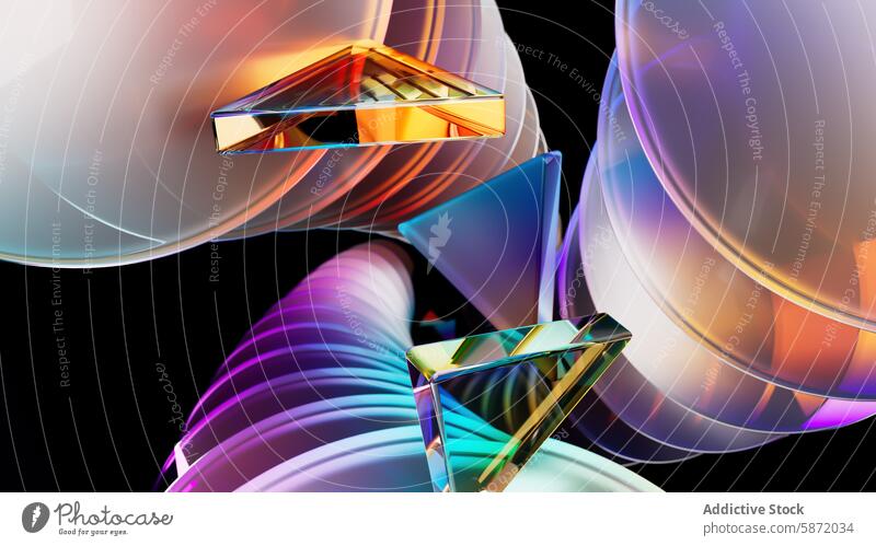 Colorful 3D-rendered glass shapes with dynamic reflections 3d refraction light color modern artistic visualization vivid digital illustration abstract design