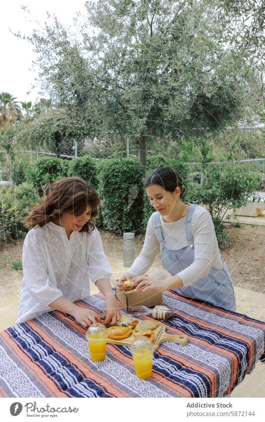 Two women enjoying a picnic with drinks and snacks outdoors food orange juice sandwich garden casual conversation blanket patterned friendly engaging peaceful