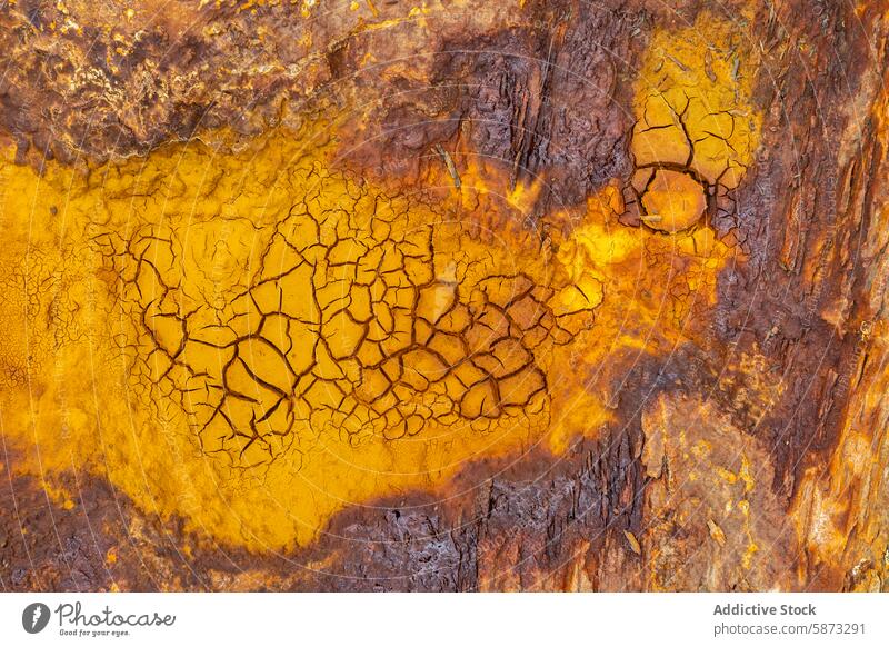 Abstract aerial view of vibrant land pattern abstract texture earth dry cracked yellow brown natural degradation color contrast unique artistic perspective