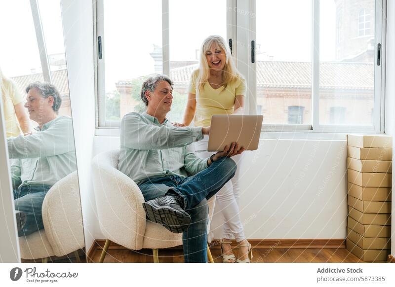 Mature couple working together with a laptop in a bright room mature coworking caucasian armchair window senior technology gadget device engaging happy sitting