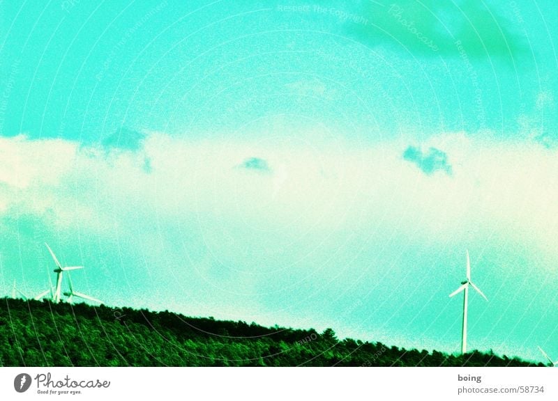 Ecos who live behind the woods two years ago. Wind energy plant Alternative Renewable Electricity Electricity pylon Renewable energy Drugstore Colour