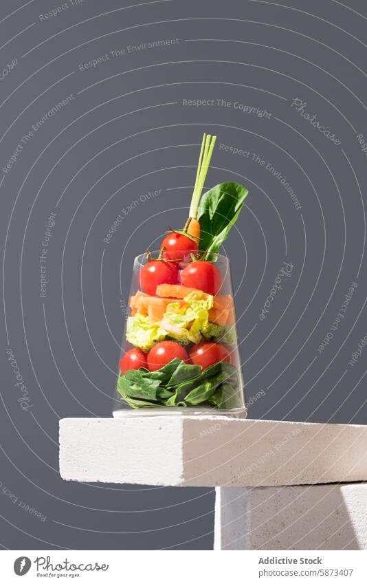 Fresh layered salad in a glass on a modern gray background vegetable tomato carrot spinach healthy fresh color transparent display elegant meal option food