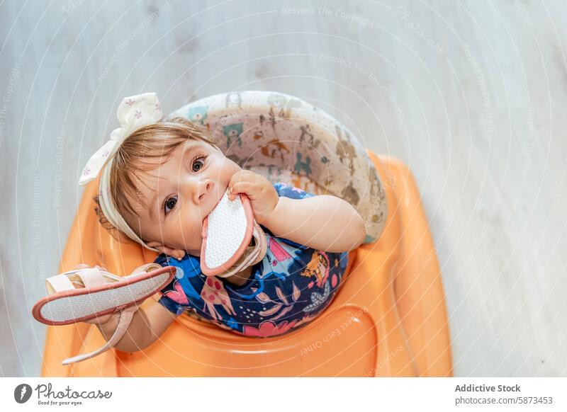 Baby girl chewing on her shoe while sitting in a high chair baby home playful cute child infant toddler family bow headband bite indoor casual day lifestyle