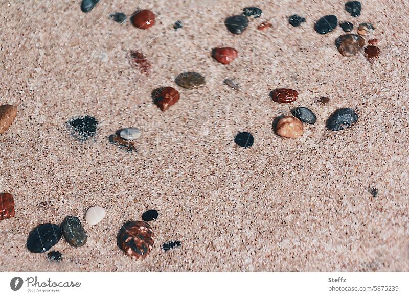 Stones in the beach sand stones coloured stones Beach Baltic beach seashore Sand Grains of sand Beach stones Sea stones Beige beige Wet Baltic Sea Warm sand