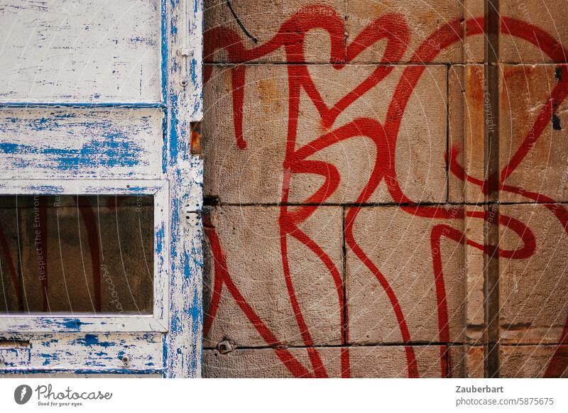 Red graffiti lines form abstract shapes, color contrast to blue facade element Graffiti Abstract Blue Contrast colour contrast Facade Structures and shapes