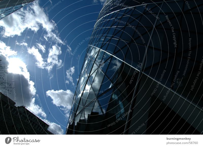Upward-looking No.1 Clouds High-rise Building Window Triangle Looking Wide angle Sky Blue Sun Beautiful weather Reflection mirrored Glass wide aspect Look up