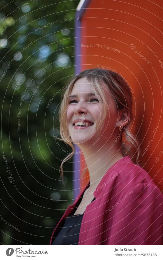 Business woman business Woman pretty blonde hair Blonde Blazer Feminine Chic well dressed Summer Orange pink Curl Application photo portrait Laughter cheerful