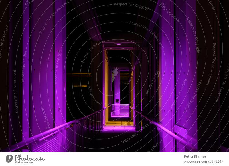 The transition from pink to yellow purple Violet Yellow Intersection Building Part of a building rail Colour photo Hallway Black Deserted Dark Artificial light