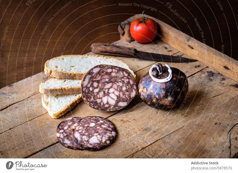 Assorted cured meats with bread and tomato on rustic wooden board salami pork slice ground pork paprika spice balearic islands culinary traditional