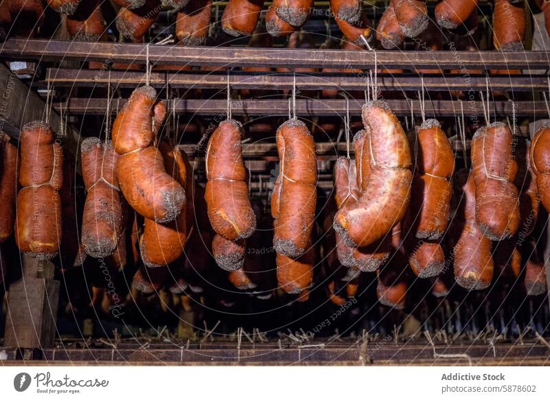 Variety of cured sausages hanging in a drying room sobrasada meat pork spice paprika food gastronomy culinary traditional balearic islands spanish cuisine