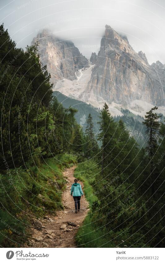Morning walk towards the summit peaks mountains Peak To go for a walk Hiking hikers wanderer Dolomites South Tyrol Italy Free Freedom Dawn on one's own