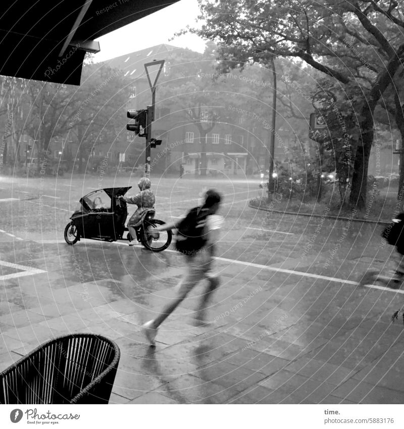 wet surprise, persistent Rain pelting showers Wait Crossroads Bicycle People Running Chair Venetian blinds Traffic routes Bad weather Wet Damp Traffic light
