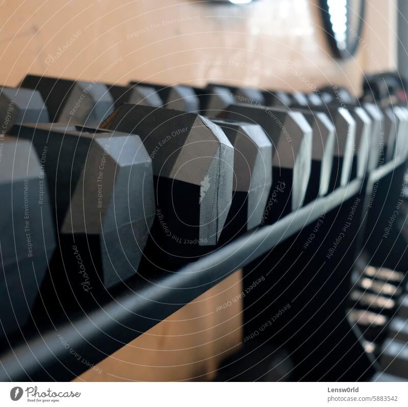 Selective focus on a row of weights in a gym active lifestyle activity anaerobic exercise body building dumbbell equipment exercise equipment fit fitness