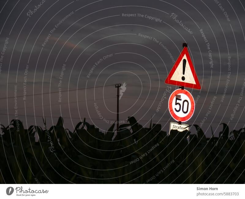 Warning sign in front of dark evening sky with power line and corn field Boundary esteem Caution Speed limit tempolimit nightfall darkness Signs and labeling