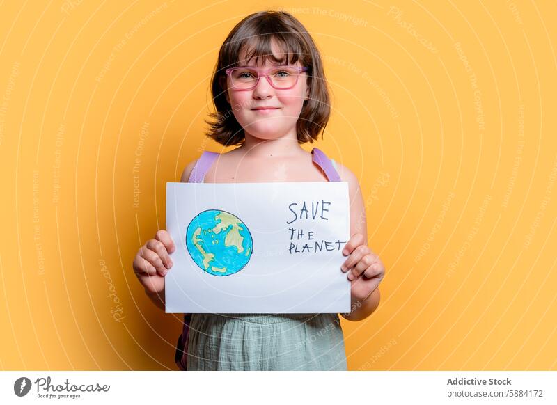 Young girl holding Save the Planet sign on yellow background environment holder message planet save eco awareness campaign studio school kid poster graphic